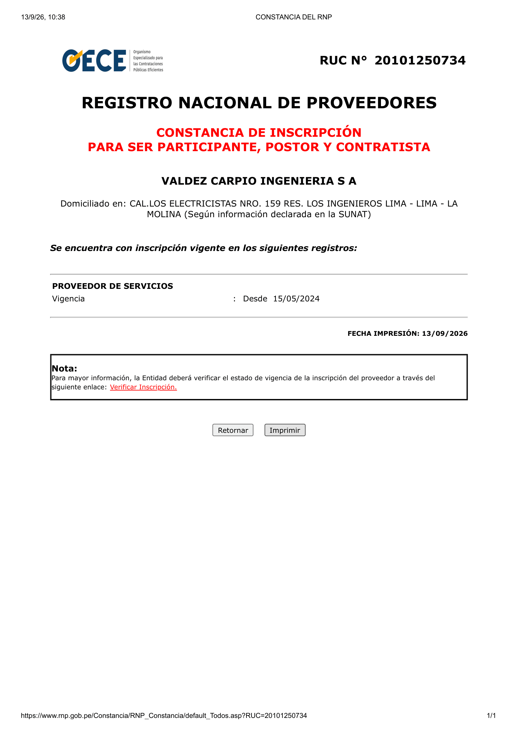 Constancia de Registro de Contrataciones del Estado